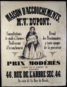Syntymäkodin (äitiyskodin) mainonta Pariisissa vuonna 1850. Madame Dupont, halvat hinnat 46 rue de l