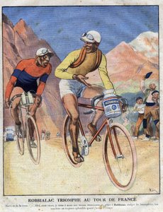 Mainos maalaukselle Robbialac: "" Robbialacin voitto Tour de Francessa"". Pyöräilijä myy pyöräänsä Robbialac-maalin ansiot. Kaiverrus. Yksi "The Little Journal Illustrates" -kirjoista tekijältä Anonymous Anonymous
