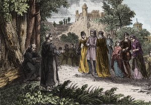Alibgensialainen harhaoppi - Pyhä Dominic saarnaa albigealaisille - Pyhä Dominica (Dominica de Guzman) (1170-1221) saarnaa albigeoisille - Kaiverrus vuodelta 1846 kirjassa "Pyhien elämä". Yksityinen kokoelma. tekijältä Anonymous Anonymous