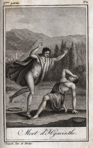 Apollo ja Hyacinthos (Hyasintin kuolema) Kaiverrus vuodelta 1819 Charles Albert Demoustierin (1760-1801) kirjaan "Lettres a Emilie sur la mythologie". Yksityinen kokoelma. tekijältä Anonymous Anonymous
