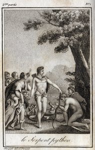 Apollo ja Python-käärme Parnassus-vuorella. Kaiverrus vuodelta 1819 Charles Albert Demoustier