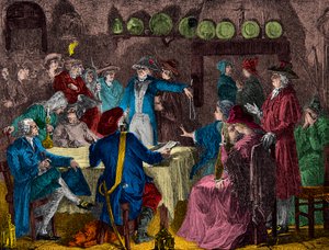 Kuningas Ludvig XVI:n ja kuninkaallisen perheen pidätys Varennesissa vuonna 1791, kaiverrus, yksityinen kokoelma tekijältä Anonymous Anonymous