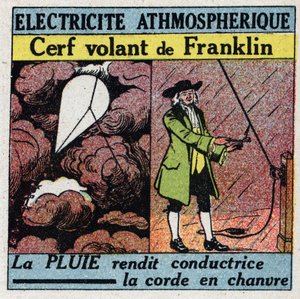 Ilmakehän sähköliitti: Benjamin Franklinin lentävä peura (1706-1790) kesällä 1752. Nimetön kuvitus vuodelta 1925. Yksityiskokoelma. tekijältä Anonymous Anonymous