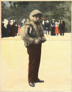 Ilmailu: Ilmapuku, joka on suunniteltu suojaamaan lentäjiä putoamiselta. Kaiverrus kirjassa "" Le petit parisien"" 16.10.1910. Yksityinen kokoelma. tekijältä Anonymous Anonymous