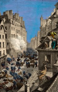 Taistelu Rue Saint Antoinen barrikadilla vuonna 1830, kaiverrus, yksityinen kokoelma tekijältä Anonymous Anonymous