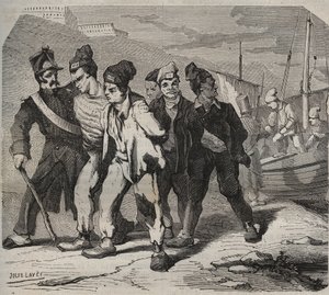 Belle-Ile-en-Mer (kaunis saari merellä) 1800-luvulla. Kaiverrus kirjaan "Vankiloiden historia niiden luomisesta nykypäivään" (1877), Pierre Zaccone (1817-1895) (Colonia Penale - Rangaistussiirtokunta) tekijältä Anonymous Anonymous