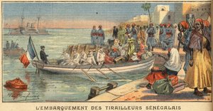 Senegalilaisten ratsastajien kyytiin vaimonsa kanssa. Kaiverrus sanomalehdestä "" Le Petite Parisien"", 22.3.1908. Yksityinen kokoelma. tekijältä Anonymous Anonymous