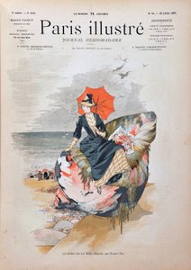 Meren rannalla, allegoria Habert Dys. Tyylikäs nainen, jolla on sateenvarjo, istuu jättimäisen kuoren päällä, poseeraa rannan hiekalla. Kaiverrus vuodelta 1887 "" Paris-Illustrous Journal -viikkolehdessä"". tekijältä Anonymous Anonymous