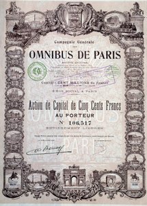 500 frangin pääomaosuus Pariisin omnibusista, 1900-luku Coll. Jaa tekijältä Anonymous Anonymous