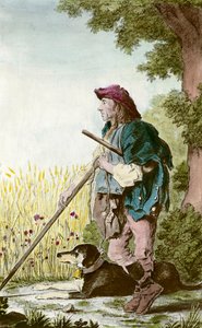 Vartijan hahmo muistelee: talonpoika katselee peltoja koiransa kanssa 1700-luvun yksityiskokoelman vedos tekijältä Anonymous Anonymous