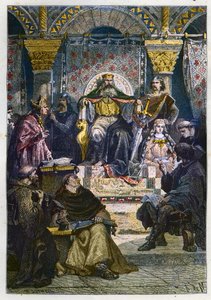 Kaarle Suuri (742 - 814) valtaistuimellaan puheenjohtajana palatsiakatemiaa - Kaarle Suuri (747-814) frankkien kuningas ja lännen kristitty keisari Aachenin (Aachen) palatsikoulun puheenjohtajana - kaiverrus kirjasta "" L
