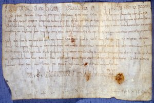 Kuningas Kaarle Suuren (Kaarle I, Kaarle Suuri tai Carolus Magnus) peruskirja (742-814), joka vapauttaa Saint Germain des Presin luostarin verosta 27.3.779. Pariisi, Kansallisarkisto tekijältä Anonymous Anonymous