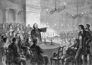 Uudistaja Johannes (Jean) Rongen (1813-1887) konferenssi Wienissä vuonna 1868. Hän perusti universaalin kristillisen kirkon. kaiverrus vuodelta 1868. Yksityinen kokoelma. tekijältä Anonymous Anonymous