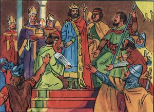 Hugues Capetin (941-996) kruunaus Noyonissa vuonna 987, Adalberon (n. 925-990), Reimsin arkisto. Tämä kruunaus merkitsi Kapetians-dynastian alkua, Ranskan kuninkaat, jotka palasivat joko suoraan tai epäsuorasti 8 vuodeksi. Anonyymi kuvitus tekijältä Anonymous Anonymous