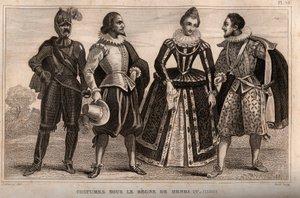 Henry IV:n vallan alaiset puvut (1590). Kaiverrus vuodelta 1859 Le Mondessa. Kaikkien kansojen historia kaukaisimmista ajoista nykypäivään." M. E. de Lostalot-Bachoue (Lostalot Bachoue). Yksityinen kokoelma. tekijältä Anonymous Anonymous