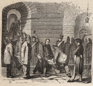 Kytkentä Rochefort bagnessa 1800-luvulla. Pierre Zacconen (1817-1895) (1817-1895) (Colonia Penale - Penal Colony) kaiverrus kirjaan ”Vangoitujen historia heidän luomisestaan ​​nykypäivään” (1877). Yksityinen kokoelma. tekijältä Anonymous Anonymous