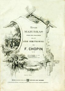 Frederic Chopinin (1810-1849) säveltämän Leon Szmitkowskille omistetun kappaleen ”Three mazurka for piano, Opus 50” kansikuva. tekijältä Anonymous Anonymous