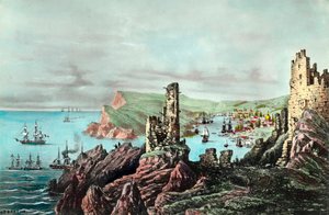 Krimin sota: näkymä Balaklavan satamaan Krimissä. Kaiverrus noin 1854-1855. Yksityinen kokoelma tekijältä Anonymous Anonymous