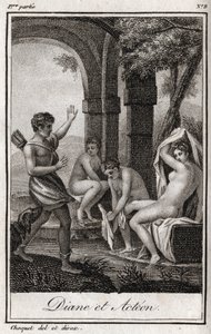 Diane ja Acteon (Diana ja Actaeon) Metsästäjä Acteon yllätti Dianen kylvyssä. Kaiverrus vuodelta 1819 Charles Albert Demoustier
