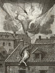 Madame Sophie Blanchardin (1778-1819), aeronautti, dramaattinen kuolema 6. heinäkuuta 1819 Tivolin puutarhan yläpuolella Pariisissa, kaiverrus, yksityinen kokoelma tekijältä Anonymous Anonymous