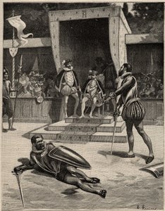 Kaksintaistelu Francois de Vivonne de la Chataigneraien ja Guy de Chabotin, Baron de Jarnacin välillä Saint Germain en Layessa, Ranskassa 10. heinäkuuta tekijältä Anonymous Anonymous