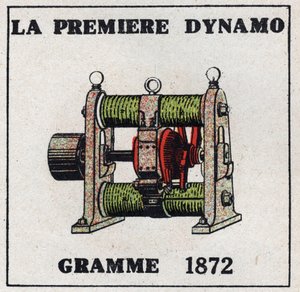 Dynamo: Zenobe Theophile Gramin (1826-1901) vuonna 1872 keksimä ensimmäinen dynamo. Nimetön kuvitus vuodelta 1925. Yksityinen kokoelma. tekijältä Anonymous Anonymous