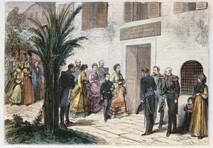 Keisarinna Eugenia ja prinssi keisarillinen Louis Napoleon vierailemassa talossa, jossa Napoleon I syntyi, Ajacciossa, Korsikassa, Ranskassa 1869 - keisarillisen ja keisarillisen prinssin matka - vierailu Napoleon I:n kotiin Ajaccioon - 1869 tekijältä Anonymous Anonymous