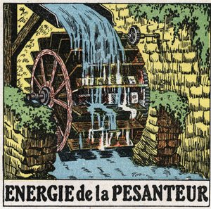 Painovoiman energia: vesimyllyn pyörä. Anonyymi kuvitus vuodelta 1925. Yksityiskokoelma. tekijältä Anonymous Anonymous