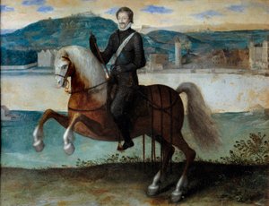 Henri IV:n (1553-1610) ratsastusmuotokuva Pariisin edessä (1594). Anonyymi maalaus. h s/kupari. Mitat: 0,25 x 0,31 m. Pariisi, Musee Carnavalet tekijältä Anonymous Anonymous