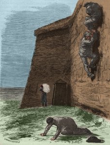 Pakene Rochefortin vankilasta 1800-luvulla. Pierre Zacconen (1817-1895) (1817-1895) (Colonia Penale - Penal Colony) kaiverrus kirjaan ”Vangoitujen historia heidän luomisestaan ​​nykypäivään” (1877). Yksityinen kokoelma. tekijältä Anonymous Anonymous