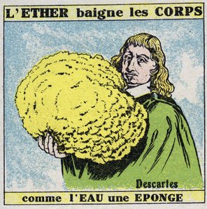 Eetteri (materiaali): Rene Descartes (1596-1650) huomaa, että eetteri kylpee ruumiita kuin vesi sienellä. Anonyymi kuvitus vuodelta 1925. Yksityiskokoelma. tekijältä Anonymous Anonymous
