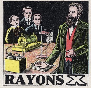 Eetteri (materiaali): saksalaisen fyysikon Wilhelm Conrad Roentgenin tai Roentgenin (1845-1923) löytämät röntgensäteet. Nimetön kuvitus vuodelta 1925. Yksityinen kokoelma. tekijältä Anonymous Anonymous