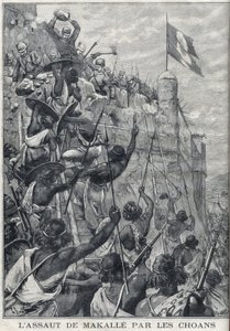 Etiopia: Menelik II:n choanien Makalen hyökkäys. Etiopia. Kaiverrus kirjaan "" Pieni pariisilainen"" tekijältä Anonymous Anonymous