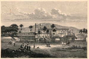 Ulkonäkymä Port of Spainin katedraalista Trinidad ja Tobagossa, Trinidad ja Tobagossa. Louis-Eugene (Louis Eugene) Louvetin kaiverrus "Katoliset lähetystyöt 1800-luvulla". yksityinen kokoelma. tekijältä Anonymous Anonymous