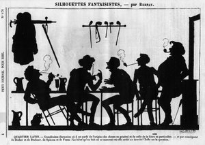 Bernayn upeat siluetit. Sarjakuva pariisilaisista intellektuelleista: “” Latinalaiskortteli. Hieno keskustelu, jossa puhutaan asioiden alkuperästä yleensä ja oluen alkuperästä erityisesti...” Kaiverrus ”” Petity Journal pour Rire”” tekijältä Anonymous Anonymous