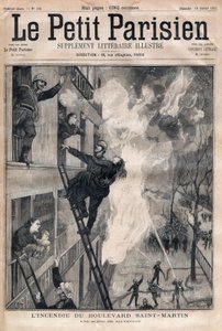 Pariisin palomies: pelastuspaikka Boulevard Saint-Martinin tulipalossa. Kaiverrus "" Le petit Parisien"" vuodelta 1891. Yksityinen kokoelma. tekijältä Anonymous Anonymous