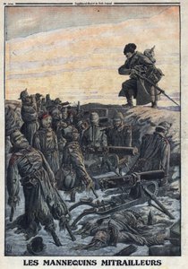 Ensimmäinen maailmansota 1914-1918 (sota 14-18).Saksalaiset sotilaat käyttävät haudoissaan olevia mallinukkeja konekivääreineen huijatakseen Venäjän vihollista ja ansaan. "" Le Petite Journal" -lehdessä, 6.2.1916. Yksityinen kokoelma tekijältä Anonymous Anonymous