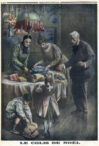 Ensimmäinen maailmansota 1914-1918 (sota 14-18). Joululahja: Lapset vastaanottavat ja purkavat paketit, jotka he saivat isältään taistelukentällä jouluaattona. "" Le Petite Journal" -lehdessä, 24.12.1916. Yksityinen kokoelma tekijältä Anonymous Anonymous