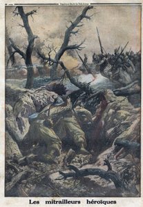 Ensimmäinen maailmansota 1914-1918 (sota 14-18). Ranskalaiset konekiväärit ampuivat Saksan armeijan hyökkäystä vastaan. "" Le Petite Journal" -lehdessä, 9.4.1916. Yksityinen kokoelma tekijältä Anonymous Anonymous