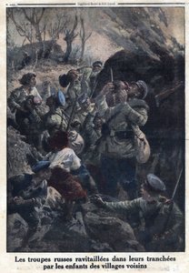 Ensimmäinen maailmansota 1914-1918 (sota 14-18). Naapurikylien lapset tankkasivat venäläisiä sotilaita haudoissaan. "" Le Petite Journal" -lehdessä, 2.4.1916. Yksityinen kokoelma tekijältä Anonymous Anonymous