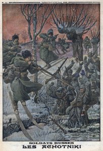 Ensimmäinen maailmansota 1914-1918 (sota 14-18). Venäläissotilaat Ahotniki suksilla ampuvat saksalaisia sotilaita. "" Le Petite Journal" -lehdessä, 23.1.1916. Yksityinen kokoelma tekijältä Anonymous Anonymous