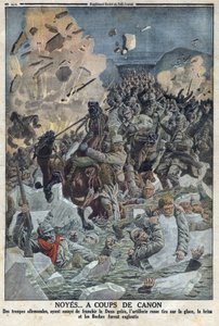 Ensimmäinen maailmansota 1914-1918 (sota 14-18). Saksan armeija yrittää ylittää Duna gele -joen, mutta venäläinen tykistö ampui jäätä aseella ja hukutti Saksan armeijan (tekstissä lempinimeltään Boche) "" The Petity Journalissa"" tekijältä Anonymous Anonymous