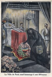 Ensimmäinen maailmansota 1914-1918 (sota 14-18). Pariisin kaupungin kunnianosoitus kenraali Joseph Simon Gallienille (1849-1916), joka puolusti kaupunkia. "" Le Petite Journal" -lehdessä, 18.6.1916. Yksityinen kokoelma tekijältä Anonymous Anonymous
