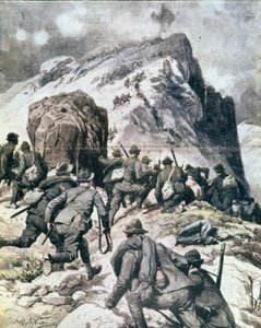 Ensimmäinen maailmansota: "" italialaiset alppimetsästäjät (alpinot tai alpinit) kiipeämässä Cauriolin huipulle, Italian Alpeilla"" 1916 Kuvitus teoksesta "La domenica del corriere"" tekijältä Anonymous Anonymous