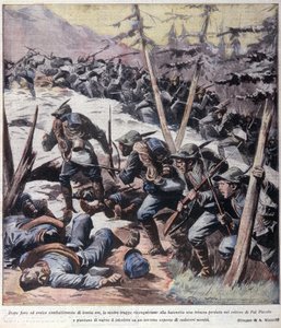 Ensimmäinen maailmansota: "" italialaiset alppimetsästäjät (alpino tai alpini) ottavat takaisin Pal Piccolon, Italian alpit"" 1916 Kuvitus "La domenica del corrieresta"" tekijältä Anonymous Anonymous
