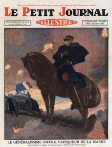 Ensimmäinen maailmansota: kenraali Joseph Joffren (1852-1931) muotokuva hevosen selässä voittajana La Marnen taistelukentällä (syyskuu 1914)” Kuvitus Constantine Fontin maalauksesta. Kaiverrus "Le petit journal illustrious" -julkaisusta vuodelta 1931. tekijältä Anonymous Anonymous