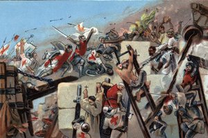 Ensimmäinen ristiretki (1096-1099): Jerusalemin valloitus Bouillonin Godefroyn (Godefroi) (1061-1100) johtamien croissien toimesta 15. heinäkuuta 1099. Antoine-suklaatin mainoskromolitografia Brysselissä, 1900-luvun alussa. Yksityinen kokoelma tekijältä Anonymous Anonymous
