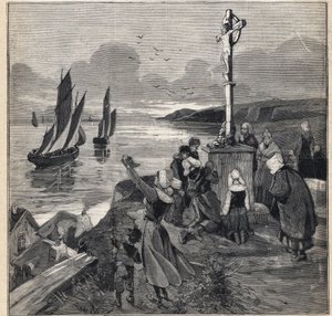 Kalastus Islannissa: kalastajat lähtevät Bretagnen. Kaiverrus kirjassa "" Le Petit Parisien"" 12.3.1893. tekijältä Anonymous Anonymous
