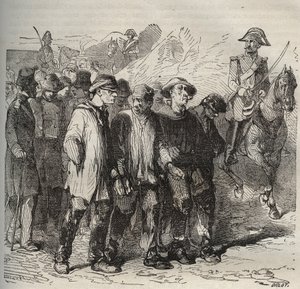 Tuomitut maaliskuussa Bagne de Rochefortissa 1800-luvulla. Pierre Zacconen (1817-1895) (1817-1895) (Colonia Penale - Penal Colony) kaiverrus kirjaan ”Vangoitujen historia heidän luomisestaan ​​nykypäivään” (1877). Yksityinen kokoelma. tekijältä Anonymous Anonymous
