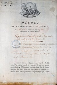 Ranskan vallankumous: 11.12.1792 tehdyn yleissopimuksen määräys, jossa määrättiin kansalliskaartin tuomaan kuningas Ludvig XVI temppelivankilasta oikeuteen. Pariisi. Poliisiprefektuuri tekijältä Anonymous Anonymous